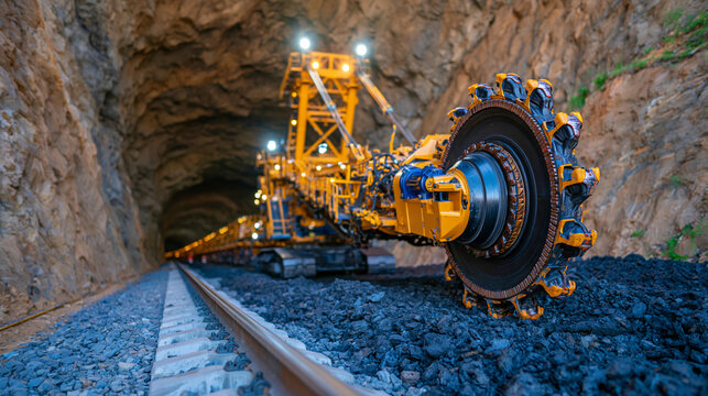 Wide underground longwall mining scene featuring a powerful shearer machine with two rotating cutting drums, rows of movable hydraulic roof supports following the coal face, bright overhead work lig