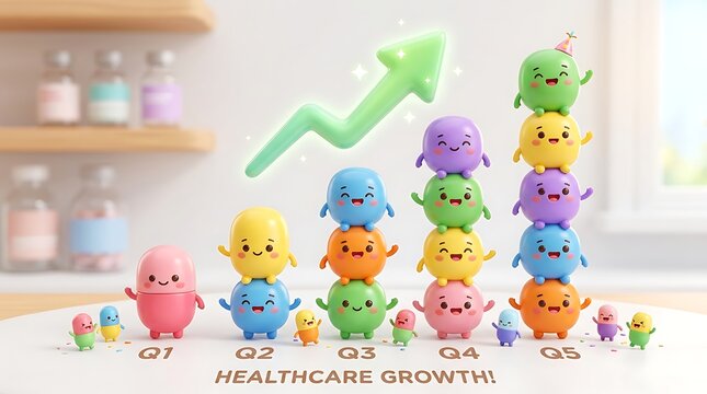 3D render of cute cartoon capsules showing healthcare growth progress with stacked characters and a green upward arrow on a clean laboratory