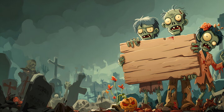 Funny Cartoon Zombie Kids Holding Large Blank Wooden Sign Board in Spooky Cemetery Beside Carved Pumpkin for Halloween Party Banner Invitation