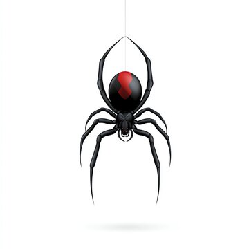 Black Widow Spider with Red Hourglass Symbol Hanging by Thread