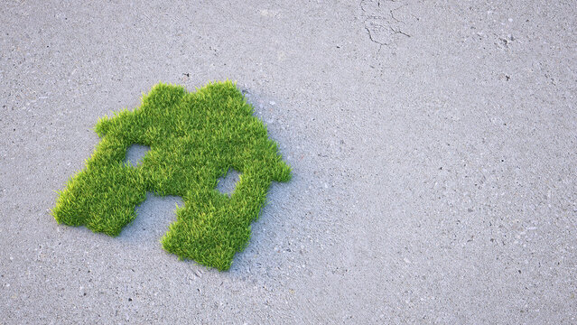 3D Rendering, House from grass on concrete, copy space