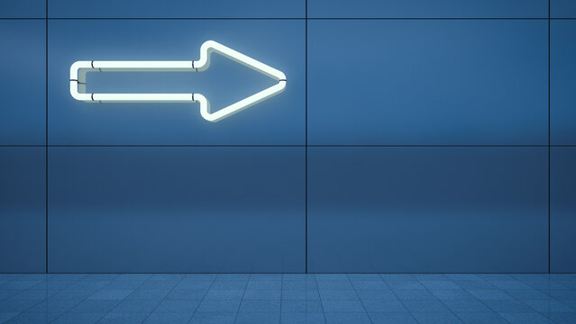 Arrow sign built of neon tubes on blue metal wall