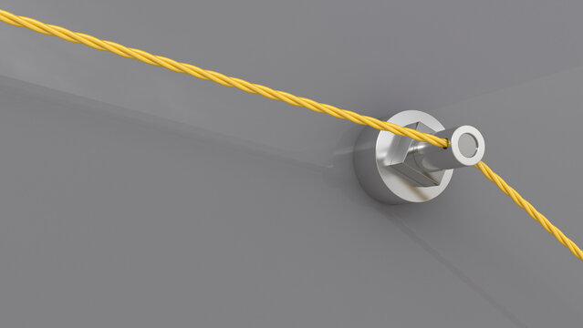 Metal fitting on wall holding yellow rope, 3D Rendering