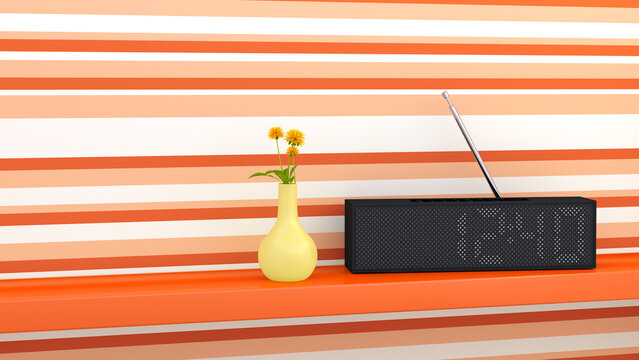 Radio and flower vase on shelf, 3D Rendering