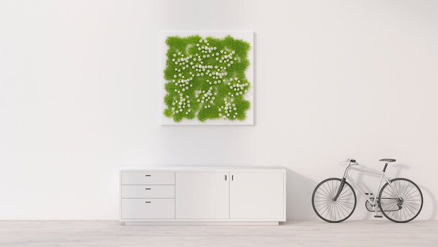 Sideboard, bicycle and living wall, 3D Rendering