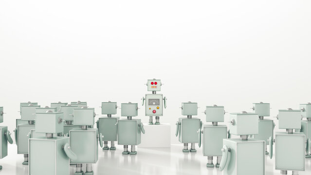 Group of robots looking at leader, 3d rendering