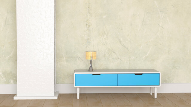 Loft with lamp on retro style sideboard