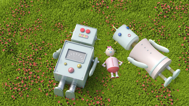 Robot family lying in meadow, 3d rendering