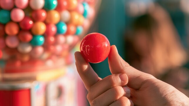 Close-up of hand holding shiny bright red round candy ball from colorful gumball machine blurred background