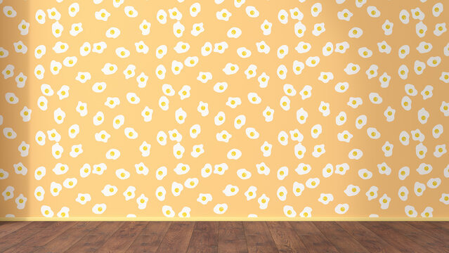 Wallpaper with fried egg pattern and wooden floor, 3D Rendering