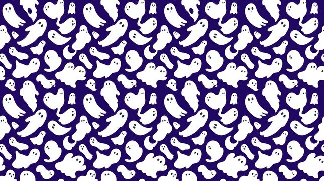 Seamless pattern of spooky white ghosts on a dark purple halloween background
