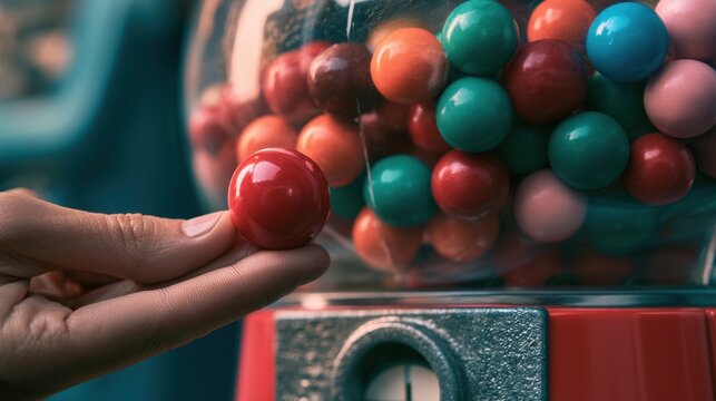 Close-up of hand picking red bubble gum ball from vintage gumball machine filled with colorful round candy in glass container