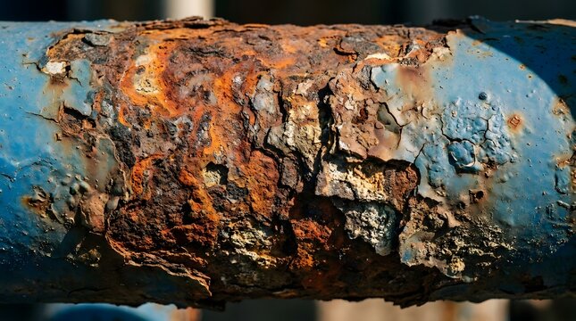 Close up of rusty old blue metal pipe showing corrosion decay texture industrial age wear weathering details orange brown surface