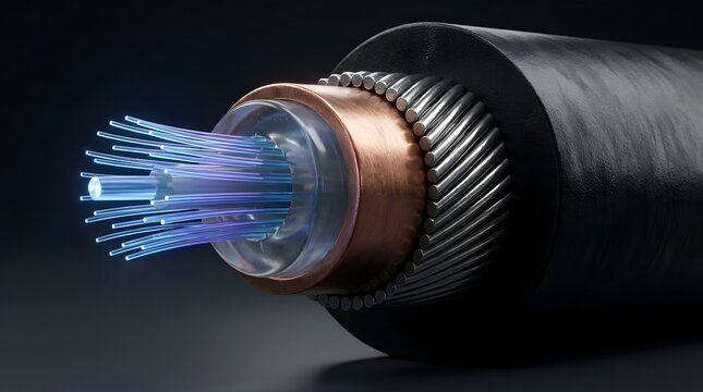 Cross section of optical fiber cable with glowing blue light strands suspended in dark space