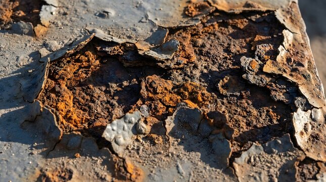 Close Up of Corroded Rusty Metal Surface Demonstrating Oxidation Damage Affecting Industrial Steel Structure Showing Heavy Surface Abrasion and Weathering Under Natural Outdoor Lighting