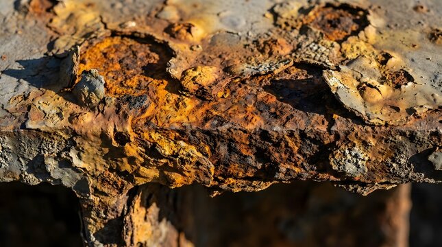Extreme closeup of heavy rust corrosion on textured metal surface edge showing orange decay patterns industrial background texture material