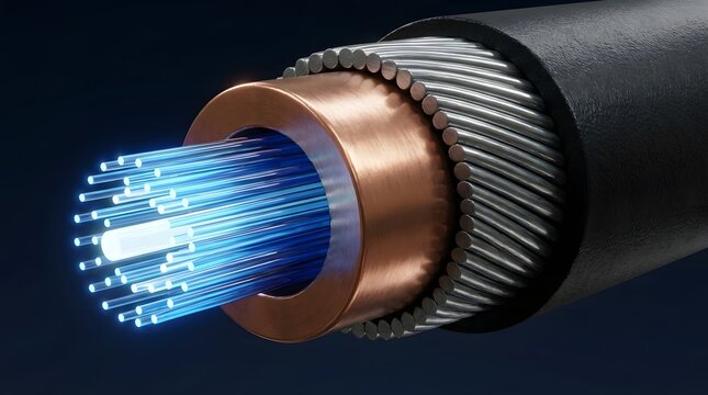 Detailed cross section of copper fiber optic cable with glowing blue light transmission showing inner structure engineering technology