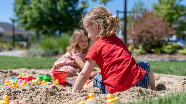 Rear view of children sharing colorful sand toys in a spacious bright sandbox, numerous yellow and pastel rubber ducks scattered around small buckets and shovels, faces completely out of frame, sunn