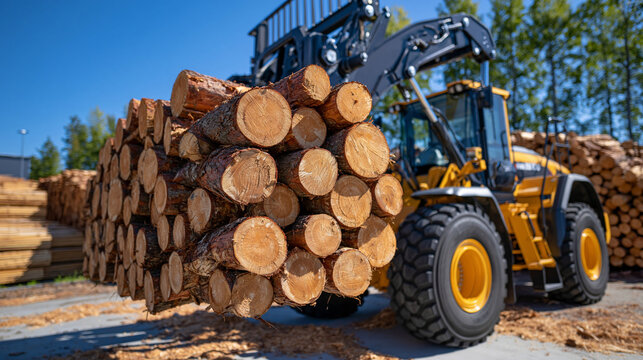 Specialized loader arm lifting a tightly stacked bundle of timber logs at a bright timber products warehouse, industrial loading area, sawdust scattered across the concrete floor, large stacks of lu