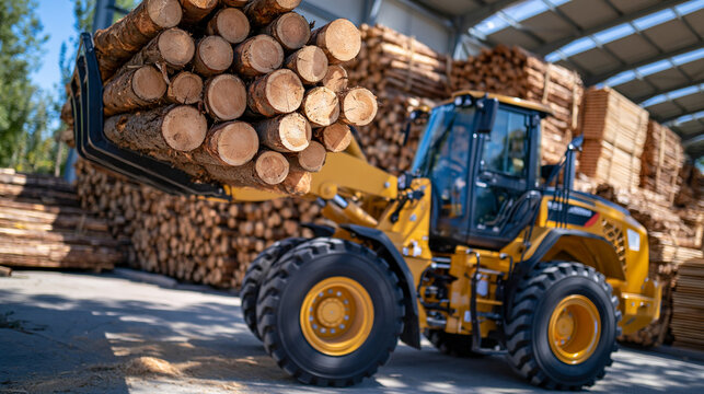 Specialized timber handling loader raising a heavy bundle of cylindrical logs beside organized stacks of wood products in a bright warehouse, fine sawdust visible on the concrete floor, realistic hy