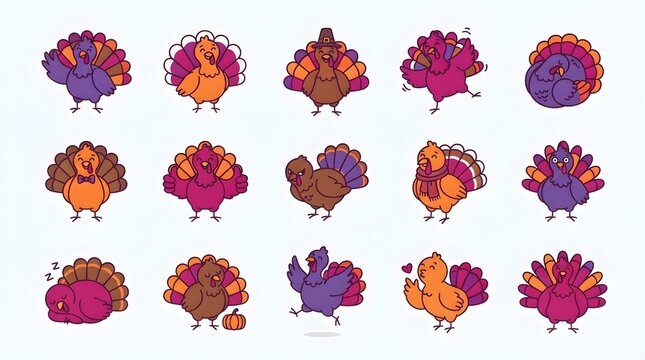 A vibrant and delightful assortment of cartoon turkeys in a variety of colors perfect for thanksgiving celebrations autumn festivities and creating cheerful holiday themed designs