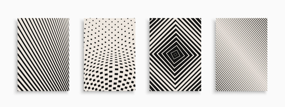 Set of abstract monochrome halftone geometric covers. Gradient striped and dotted backgrounds, templates. Minimalistic modern posters