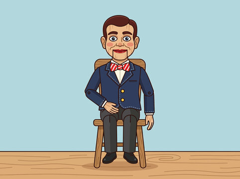 Illustration of a classic ventriloquist dummy sitting on a wooden chair.