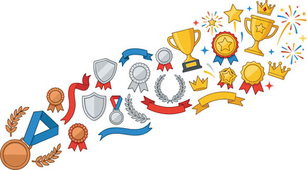 Naklejka premium Business Achievement and Sports Victory Vector Icon Set with Trophies Gold Medals Ribbons Shield Badges and Laurel Wreaths Arranged in a Diagonally Rising Splash Layout