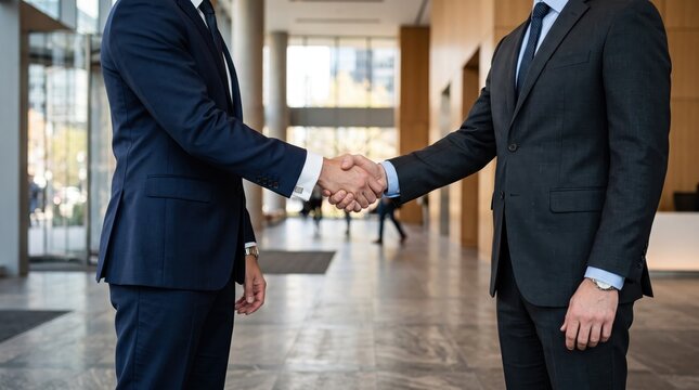 Two businessmen shaking hands in modern corporate lobby hallway, successful business deal agreement, partnership collaboration, professional greeting, of handshake, suits and ties