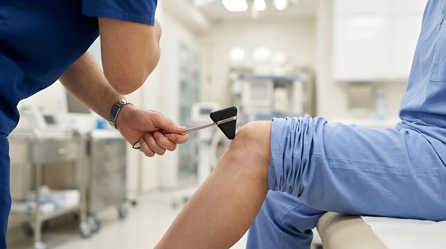 Doctor testing patient's knee reflex with a reflex hammer in a medical clinic examination room