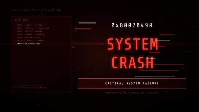 Animated digital interface displaying a critical system crash and kernel failure message with red glowing text.
