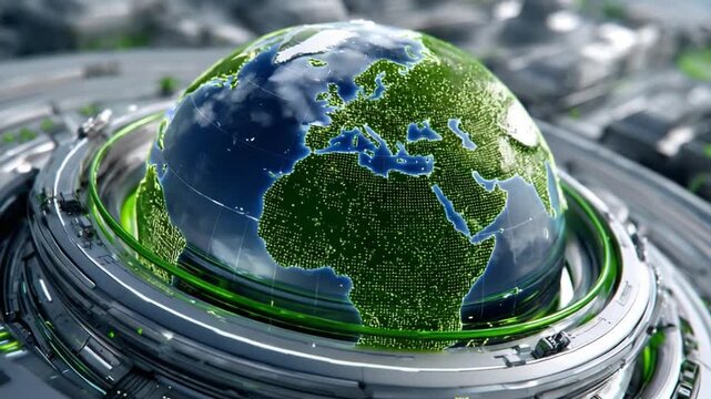 Eco-futuristic Earth: A stylized globe depicting Earth, rich with green continents, is suspended within a futuristic, metallic structure, suggesting environmental technology and global innovation.