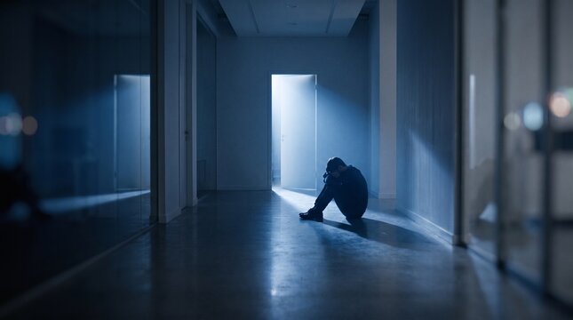 Depressed man sitting alone on the floor in a dark hallway, captured in cinematic blue lighting with sharp focus on his slumped and weary posture.