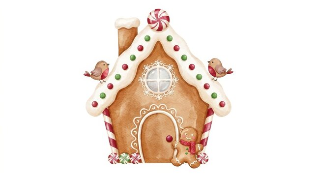 Watercolor gingerbread house with icing frosting cookie man and cute birds, whimsical Christmas dessert illustration for holiday greeting cards and decorations