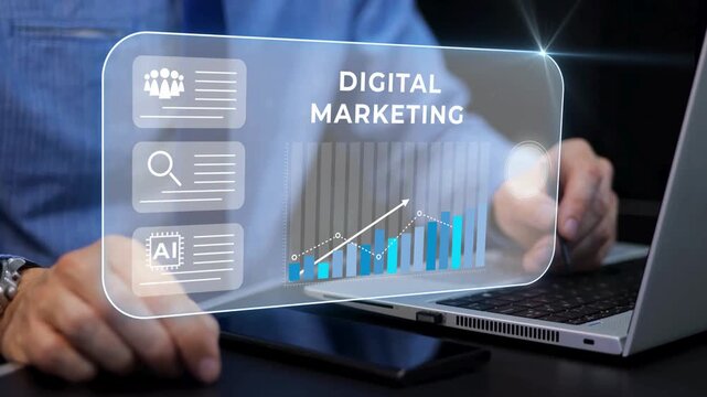 Futuristic digital marketing hologram graphic interface concept with AI text, statistical growth charts, and business data analysis on laptop pc, modern technology interactive design