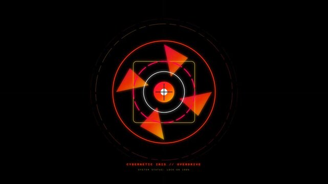 Futuristic Cybernetic Iris HUD Interface Animation with Rotating Glowing Geometric Shapes and Targeting