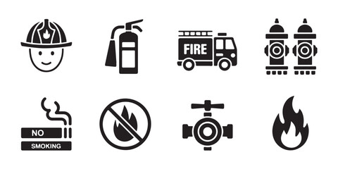 Obraz premium Firefighter helmet, extinguisher, fire truck, hydrants, no smoking, no fire, valve, and flame icons.