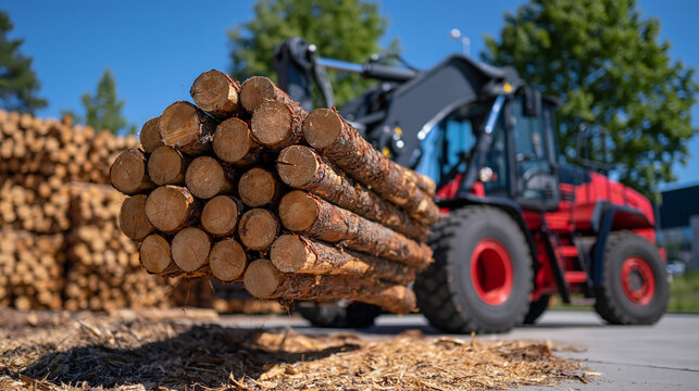 Specialized loader arm lifting a tightly stacked bundle of timber logs at a bright timber products warehouse, industrial loading area, sawdust scattered across the concrete floor, large stacks of lu