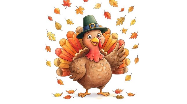 A charming and delightful cartoon illustration of a thanksgiving turkey wearing a pilgrim hat surrounded by falling autumn leaves evoking feelings of gratitude family and