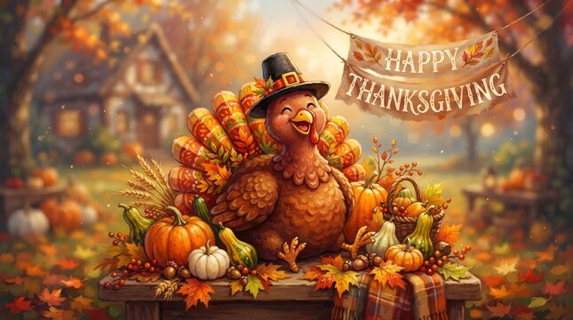 A delightful and charming thanksgiving scene featuring a cheerful cartoon turkey wearing a pilgrim hat surrounded by vibrant pumpkins and autumn leaves creating a warm