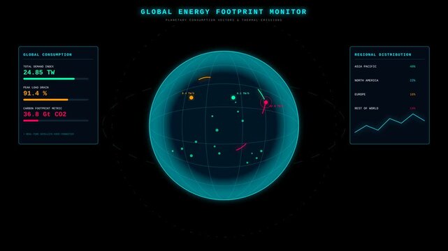 Global Energy Footprint Monitor Data Visualization Futuristic Satellite Dashboard Interface