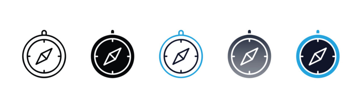 Navigation Compass Icon Set &ndash; Travel Direction, Wayfinding, Orientation and Nautical Symbols in Outline, Solid and Gradient Styles