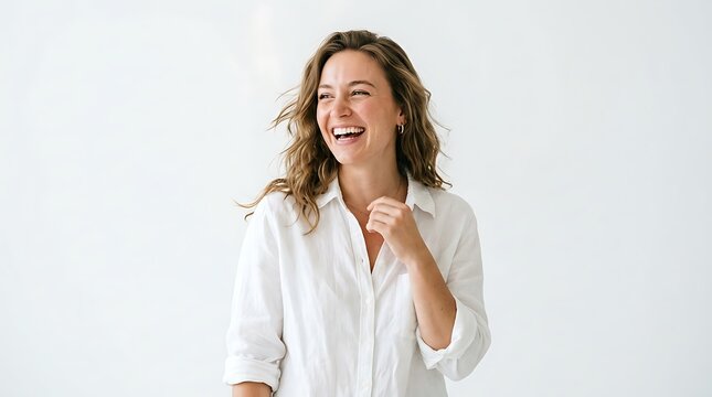 Portrait of a cheerful young woman laughing genuinely against a white studio background with copy space