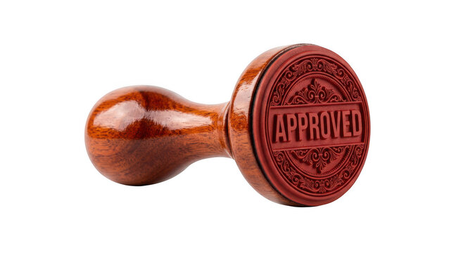Wooden handle rubber stamp with red rubber base and approved text isolated on transparent background