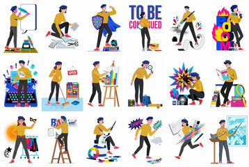 Fototapeta premium Flat vector illustrations set of a creative professional character in various roles including artist, designer, writer, and more.