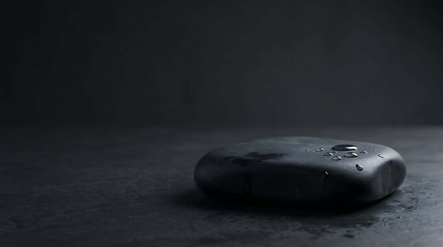 A single smooth black stone with water droplets resting on a dark textured surface, creating a minimalist and serene atmosphere