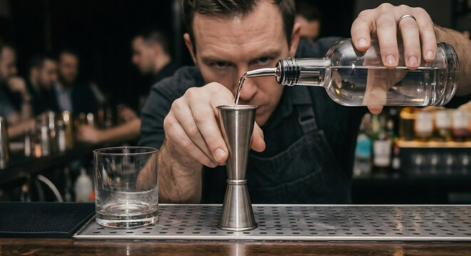 Professional mixologist precisely measuring a clear spirit with a metal jigger behind a bar, emphasizing accuracy, technique, and controlled cocktail preparation.