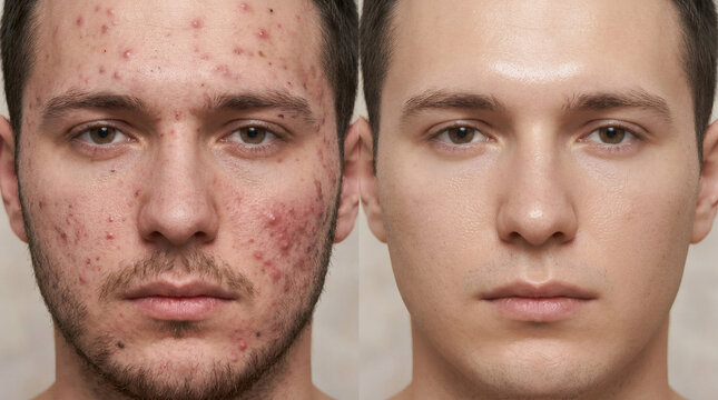 Frontal view before and after comparison of male face acne breakout and skin clearing treatment