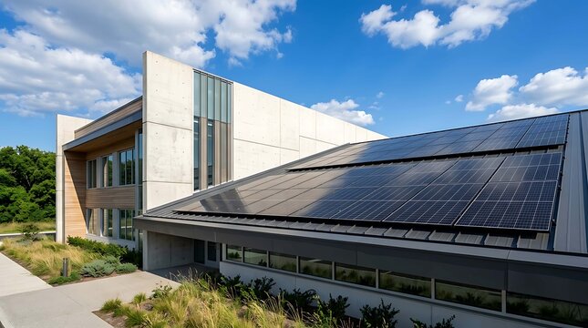 Modern sustainable office building with solar panels on the roof and concrete architecture surrounded by green landscaping under a blue sky