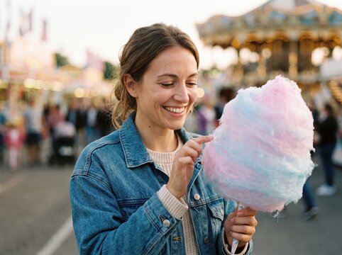 Happy woman eating cotton candy at fair